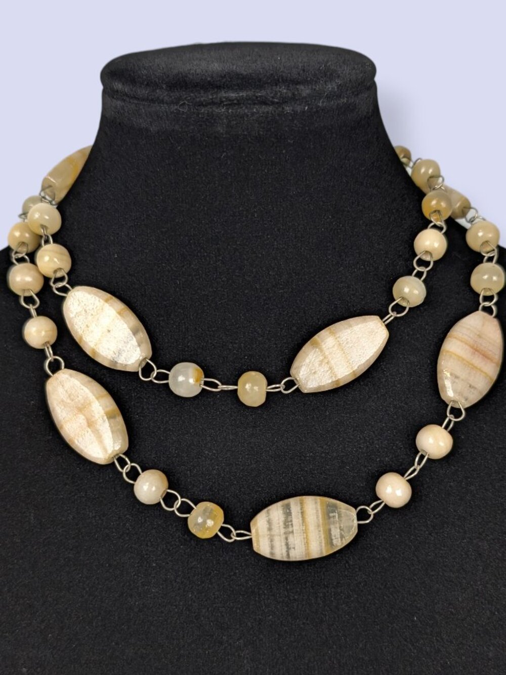 Vintage Beige Natural Banded Agate Long Necklace